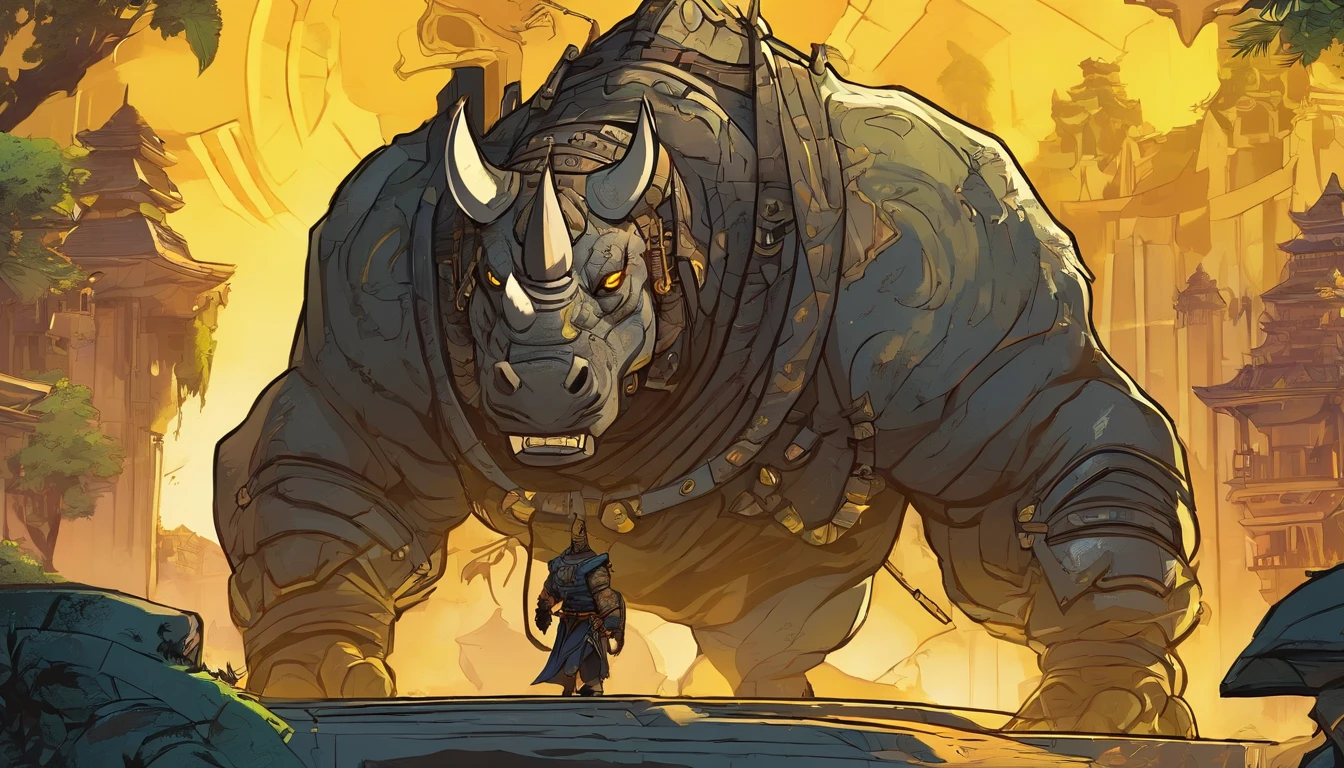 Ancient anime style, artbook, comicbook, RPG, futuristic medieval, steampunk. A samurai orc rhinoceros warrior, wearing black technological medieval magic armor with yellow glowing magic markings, dynamic pose, full body, human face with yellow glowing magic tribal tattoos, orc features, black rhino horn with yellow glowing magic markings, tail rhinoceros, magical black stone skin with yellow glowing carved markings, glowing eyes, using a technological black rhinoceros horn magic longsword with yellow glowing magic markings. In a metropolis of a magical kingdom with advanced technology, with tall buildings with neon details, mixing technology with magical vegetation, steampunk. Wide scenery, cinematic scene with several layers of depth, dynamics, magical lighting.