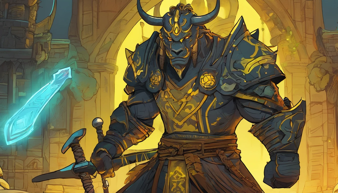 Ancient anime style, artbook, comicbook, RPG, futuristic medieval, steampunk.  A samurai orc rhinoceros warrior, wearing black technological medieval magic armor with yellow glowing magic markings, dynamic pose, full body, human face with yellow glowing magic tribal tattoos, orc features, black rhino horn with yellow glowing magic markings, tail rhinoceros, magical black stone skin with yellow glowing carved markings, glowing eyes, using a technological black rhinoceros horn magic longsword with yellow glowing magic markings.  In a metropolis of a magical kingdom with advanced technology, with tall buildings with neon details, mixing technology with magical vegetation, steampunk.  Wide scenery, cinematic scene with several layers of depth, dynamics, magical lighting.