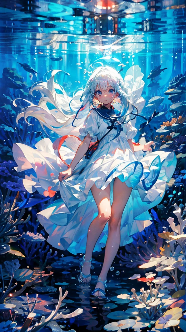 (Mastepiece), (Best Quality), Very detailed、1 girl、Perfect Face、(Full body photography:1.3), Very detailedな顔、(Long white hair:1.5)、(blue eyes:1.4)、(In the water:1.4)、(White Dress:1.5)、Ocean、Coral Reef、School of small fish、Light、Bubble、jellyfish、Ocean藻、(深Ocean:1.4)、Fantasy、Ocean底、Sink