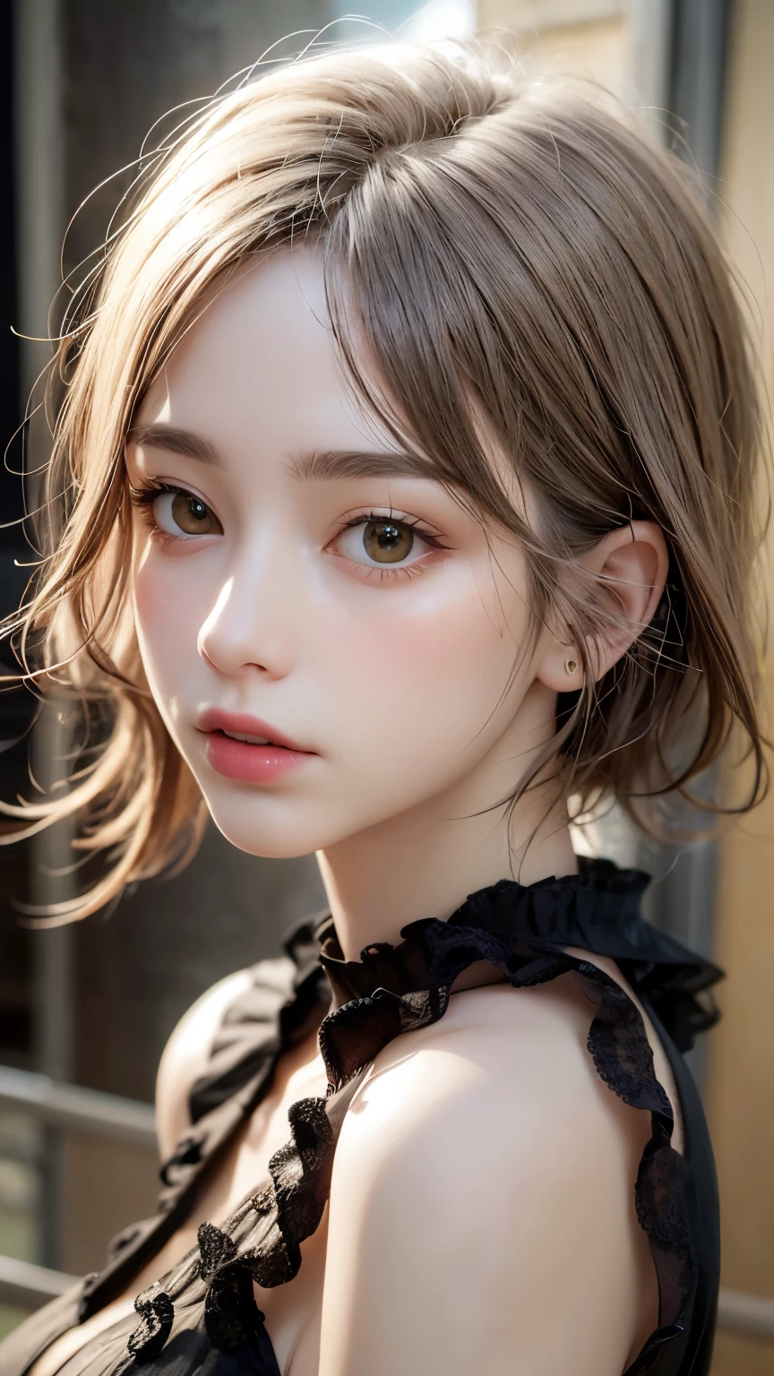 Masterpiece hyperrealist & Photorealistic beautiful girl, Realistic Skin (Pore-filled skin) Short Bob Cut Hair, Realistic red lips,Punk Girl, (head shot:1.5),Shorts