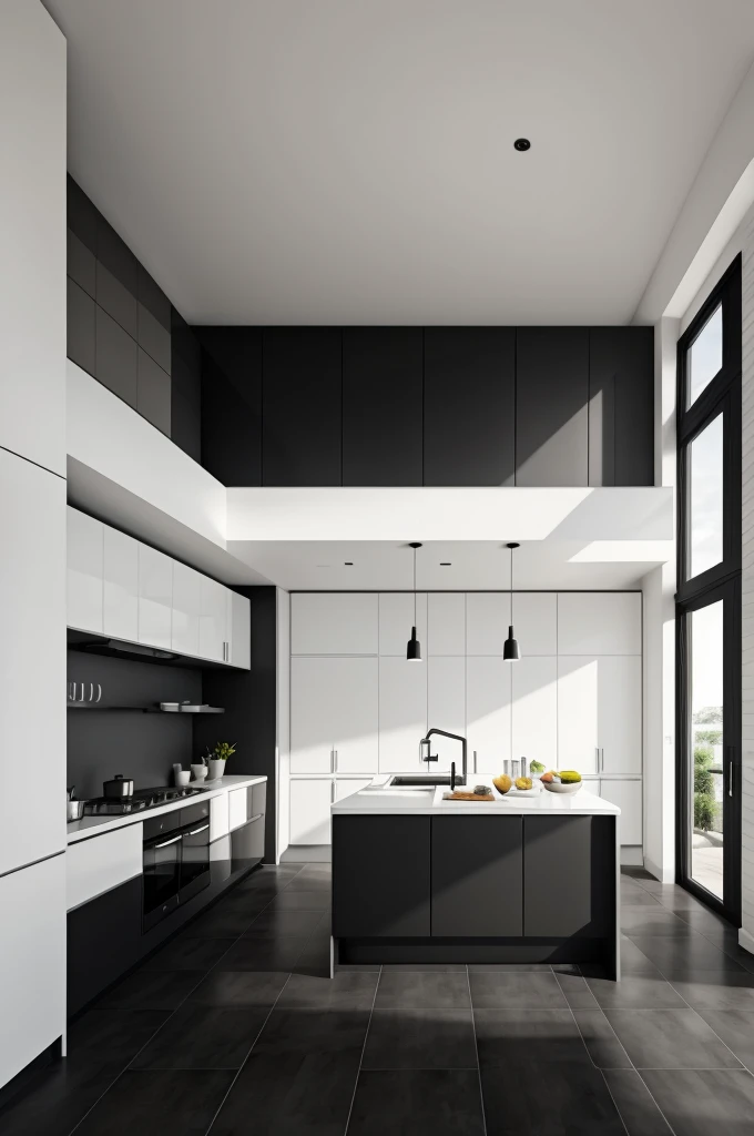 modern kitchen, matte black kitchen island, porcelain flooring 60cmx120cm matte white color.