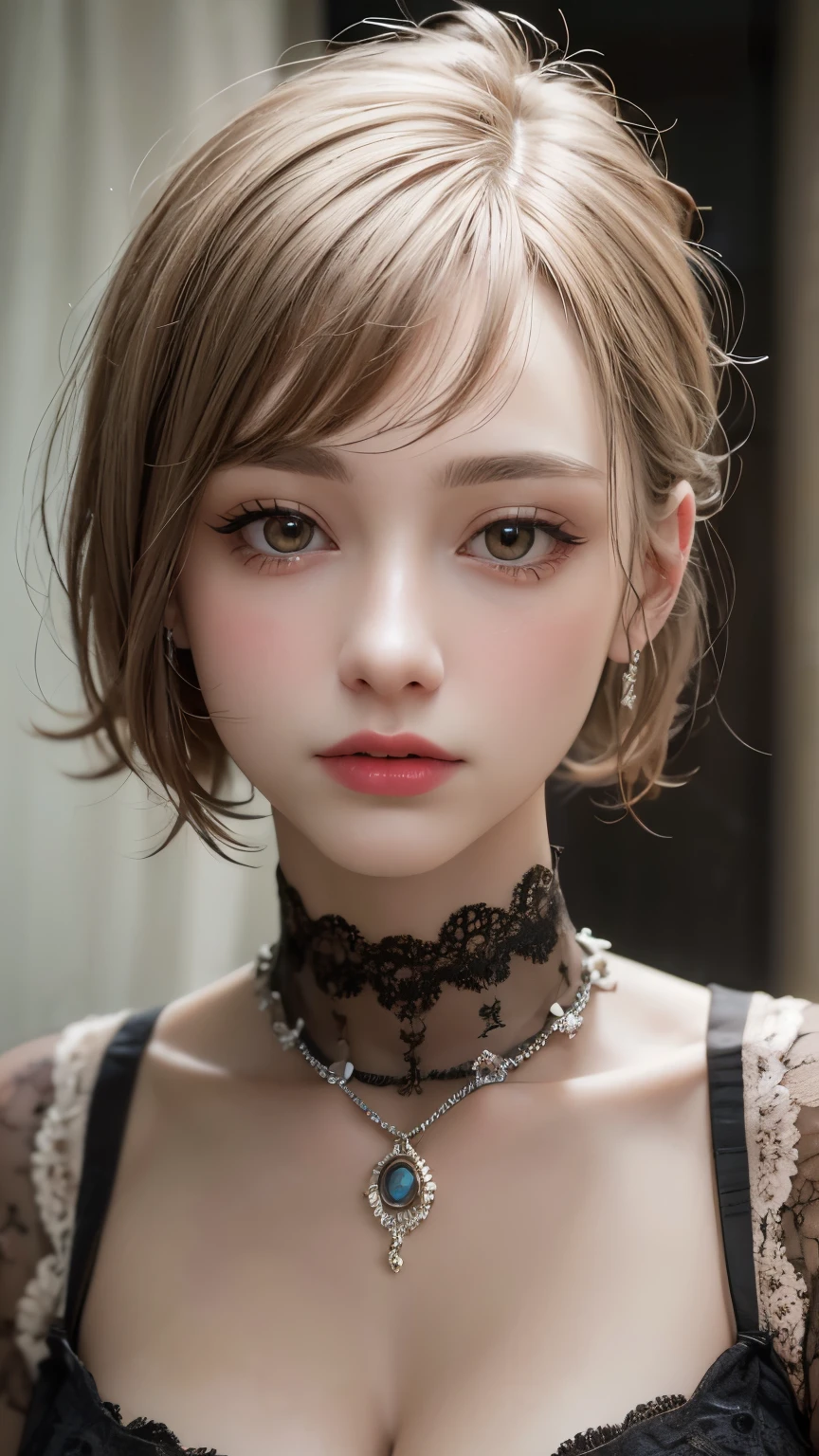 Masterpiece hyperrealist & Photorealistic beautiful girl, Realistic Skin (Pore-filled skin) Short Bob Cut Hair, Realistic red lips,Punk Girl, (head shot:1.5),Shorts
