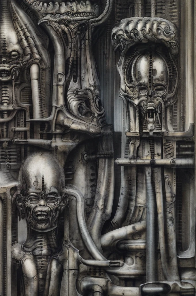 xGiger, Tableau with some of the artistic techniques and compositional features used in /“Biomechanical landscape No 312/” by H r (Hans Rudie) Giger:
The image is a surrealistic artwork featuring an alien robotics humanoid figures, each with a unique design, surrounded with pipes and gears, set against a background of intricate machinery
The central focus of the image is a nightmarish tableau of two biomechanical heads. They are connected by a network of pipes and tubes that appear to be either feeding them or draining them. The heads themselves are elongated and skeletal, with gaping maws. Their eyes are empty sockets, and their expressions are vacant and emotionless.
Heads are humanoid but industrial and ivorysh, with pipes and wires integrated throughout their structure. One face appears to be screaming, the other has its mouth open like a maw. They are surrounded by various mechanical doodads and tubes, and blend seamlessly into the background of industrial machinery.The biomechanical heads could have represented some kind of alien creatures, or they could have been machines that had become sentient
Used Airbrushing is a technique for applying paint using a device that sprays a fine mist. It is often used to create smooth, even coats of paint, and it can be used to create very detailed effects. Giger's use of airbrushing in this image creates a hyperrealistic quality to the biomechanical landscape, making it appear even more alien and unsettling. It is also often used to create very smooth and even gradients of color.
The use of a dark palette with blacks, purplish browns, and grays creates a sense of mystery and dread. The dark colors obscure the details of the image, making it difficult for the viewer to see what they are looking at. This ambiguity adds to the unsettling nature of the work. The dark colors also help to emphasize the biomechanical elements in the painting.
The background features even more machinery, including pipes, gears, and cables.