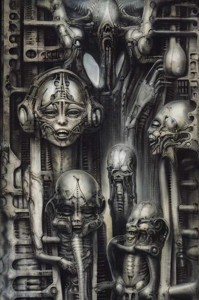 xGiger, Tableau with some of the artistic techniques and compositional features used in /“Biomechanical landscape No 312/” by H r (Hans Rudie) Giger:
The image is a surrealistic artwork featuring an alien robotics humanoid figures, each with a unique design, surrounded with pipes and gears, set against a background of intricate machinery
The central focus of the image is a nightmarish tableau of two biomechanical heads. They are connected by a network of pipes and tubes that appear to be either feeding them or draining them. The heads themselves are elongated and skeletal, with gaping maws. Their eyes are empty sockets, and their expressions are vacant and emotionless.
Heads are humanoid but industrial and ivorysh, with pipes and wires integrated throughout their structure. One face appears to be screaming, the other has its mouth open like a maw. They are surrounded by various mechanical doodads and tubes, and blend seamlessly into the background of industrial machinery.The biomechanical heads could have represented some kind of alien creatures, or they could have been machines that had become sentient
Used Airbrushing is a technique for applying paint using a device that sprays a fine mist. It is often used to create smooth, even coats of paint, and it can be used to create very detailed effects. Giger's use of airbrushing in this image creates a hyperrealistic quality to the biomechanical landscape, making it appear even more alien and unsettling. It is also often used to create very smooth and even gradients of color.
The use of a dark palette with blacks, purplish browns, and grays creates a sense of mystery and dread. The dark colors obscure the details of the image, making it difficult for the viewer to see what they are looking at. This ambiguity adds to the unsettling nature of the work. The dark colors also help to emphasize the biomechanical elements in the painting.
The background features even more machinery, including pipes, gears, and cables.
