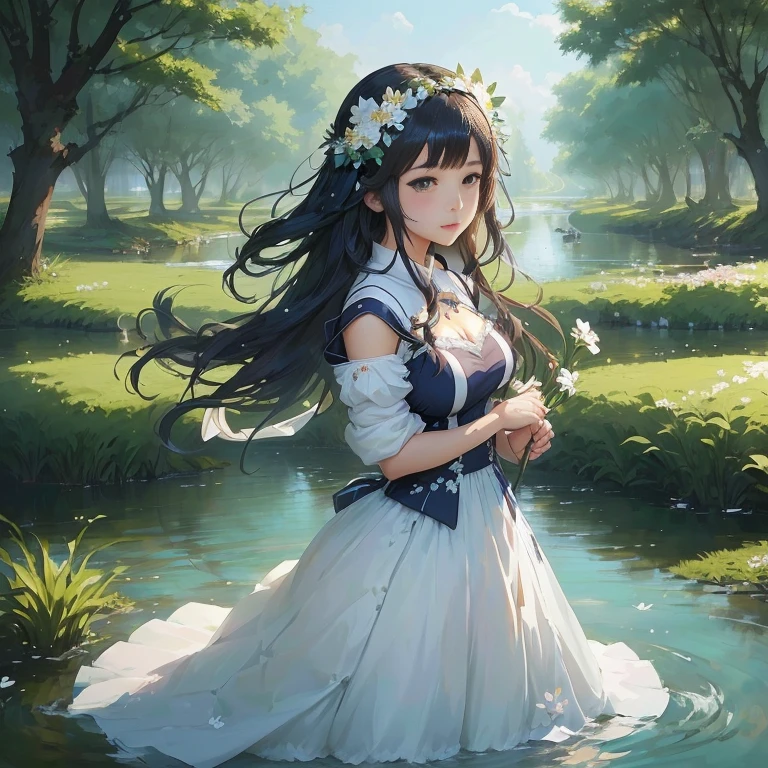 anime girl in a white dress standing in a river with a flower in her hair, a maid in a magical forest, guweiz on pixiv artstation, beautiful maiden, hestia, cute anime waifu in a nice dress, artwork in the style of guweiz, guweiz on artstation pixiv, guweiz,  in dress