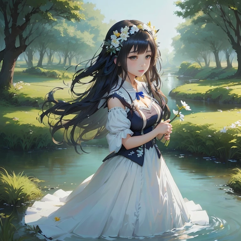 anime girl in a white dress standing in a river with a flower in her hair, a maid in a magical forest, guweiz on pixiv artstation, beautiful maiden, hestia, cute anime waifu in a nice dress, artwork in the style of guweiz, guweiz on artstation pixiv, guweiz,  in dress