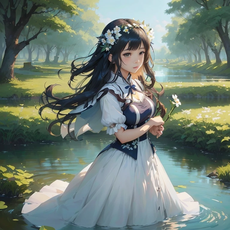 anime girl in a white dress standing in a river with a flower in her hair, a maid in a magical forest, guweiz on pixiv artstation, beautiful maiden, hestia, cute anime waifu in a nice dress, artwork in the style of guweiz, guweiz on artstation pixiv, guweiz, in dress