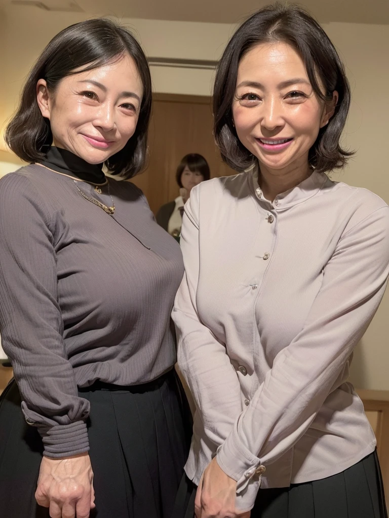 Highest quality、masterpiece、8K、Very detailed、Realistic、(Two Women)、(Looking at me with a smile:1.5)、(50 years old:1.5)、(Wrinkles around the eyes:1.2)、(Wrinkles around the mouth:1.5)、whole body、Black Hair、Small face、(Slender:1.2)、(Big Breasts)、(Erect nipples:1.2)、 tight black buttoned and collared shirt:1.2)、(skirt:1.2)