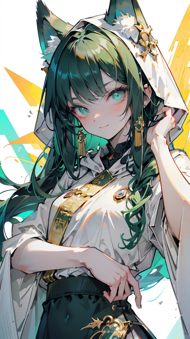 dark green hair pale green eyes. in short dark green shorts. long white T-shirt. dark green knee-high socks. a white long robe with a hood flutters in the wind. black ancient stone walls of the castle green light from lamps with gold ornaments, heterochromia, long curly hair, pale skin, I look at the viewer, closed mouth, bright smile, Beautiful, extremely detailed eye, Absolutely amazing art, extremely detailed, Digital art of the highest quality, full length,