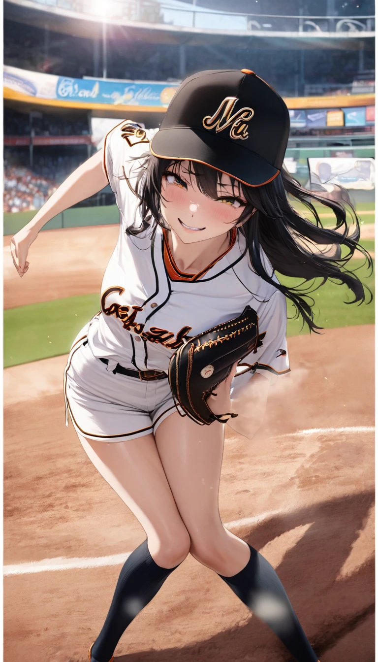 Highest quality, Super quality, 16K, Incredibly absurd, Very detailed, delicate and dynamic, SFW, Natural light, , Diffuse reflection of light, Vortex of Light, baseball Ground,mound, , , ,, Sparkling, Create amazing image effects, cash register, Upper body close-up, (cute sexy girl, , sexy long legs, Baseball pitcher, Sensual expression, fine, Active, smile, First pitch, , nervous, Raise your left foot wide, black long hair, Baseball Uniform, hot pants, knee high socks, Wearing a baseball hat,  )