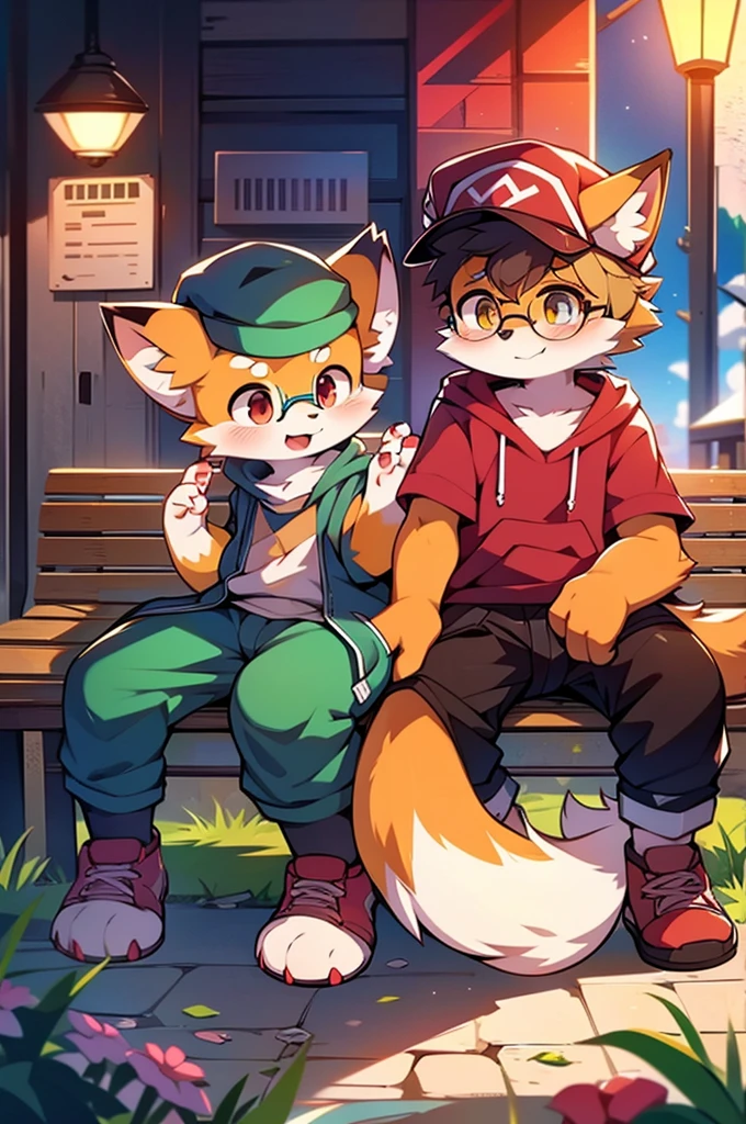 Anime-style drawing of a fox wearing a hat and glasses sitting on a bench, Fashionably dressed fursona, Fox Girl, Cute fox, Anthropomorphic fox, artstation pixivでトレンド, Full Body Commission, High quality anime art style, High resolution consignment, Anthropomorphic fox, High quality fan art, Anthropomorphic Cyberpunk Fox