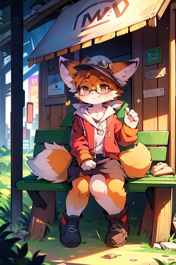 Anime-style drawing of a fox wearing a hat and glasses sitting on a bench, Fashionably dressed fursona, Fox Girl, Cute fox, Anthropomorphic fox, artstation pixivでトレンド, Full Body Commission, High quality anime art style, High resolution consignment, Anthropomorphic fox, High quality fan art, Anthropomorphic Cyberpunk Fox