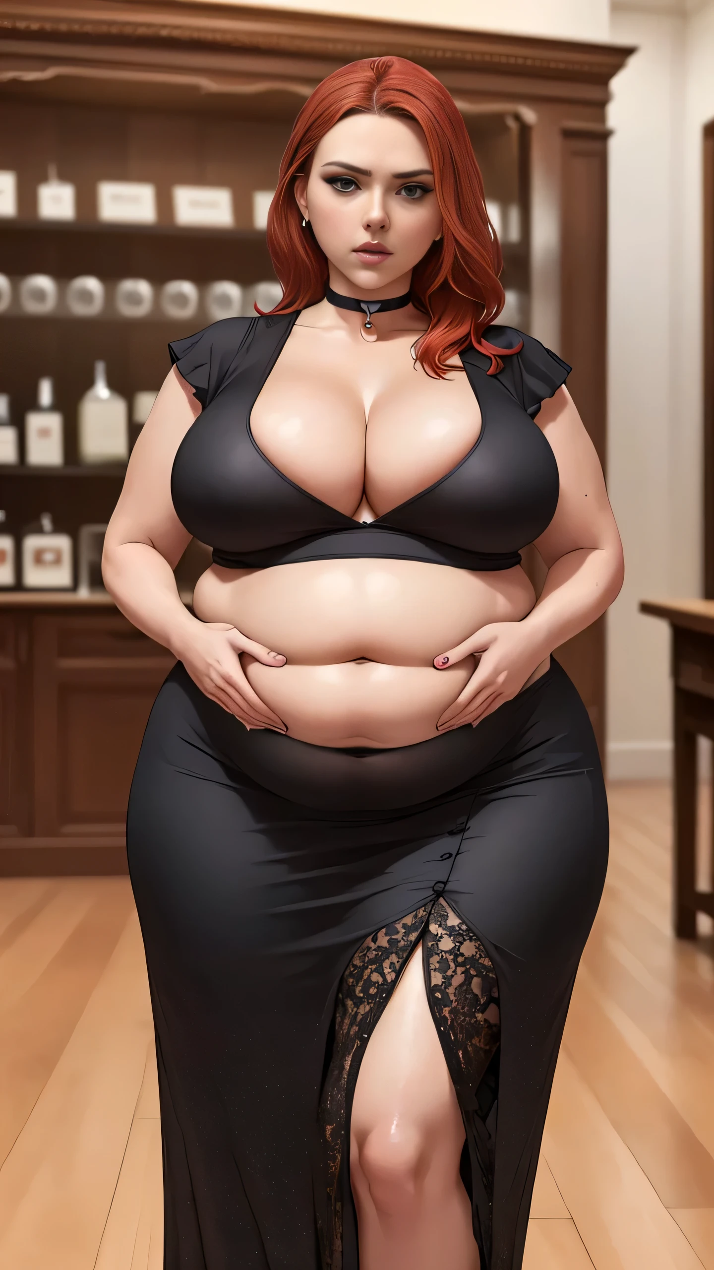 Scarlett Johansson, masterpiece quality, (masterpiece quality:1.3), detailed, realistic, (realistic:1.3), 1girl, solo, (solo:1.9), alone, in a cake shop, lots of cake in background, cake on shelves in background, long raid, red hair, wearing choker collar, wearing fancy black dress, (black dress:1.5), wearing long skirt, (long skirt:1.5), chubby body, chubby belly, (chubby belly:1.5), big breasts, (big breasts:1.5), covered breasts, (covered breasts:1.5),