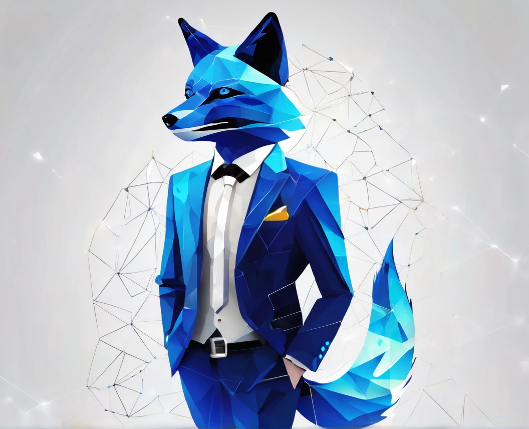 Create a digital image of a blue fox that combines cryptographic elements. The fox must have a Hateful and stylized design, with geometric patterns and bright colors representing blockchain technology. Integrates cryptic symbols and chains of code into your skin to give an enigmatic and angry appearance. Make sure the fox&#39;The environment also reflects a Football theme with backgrounds reminiscent of Blue digital matrices..