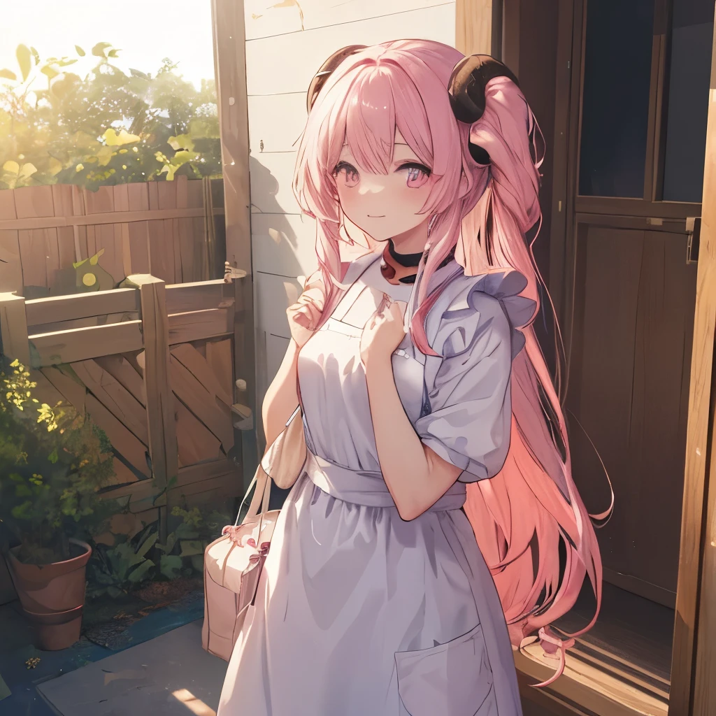 An anime-style illustration of ‘Fua-chan’ in an apron, seeing someone off to work at the entrance. Fua-chan has distinctive features: long pink hair styled in soft curls resembling sheep’s horns, and pink eyes. She is depicted standing by the door, wearing a cute apron over casual clothes, with a warm and caring expression on her face. She waves goodbye with one hand, perhaps holding a packed lunch or a thermos in the other hand. The background shows a well-kept entryway with shoes neatly lined up, a welcome mat, and soft morning light filtering through the door, creating a cozy and loving atmosphere as she wishes the person a good day at work.　pefect hands