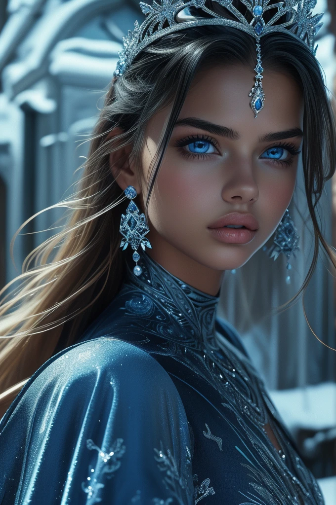 16 year old Adriana Lima, ultra detailed face, ultra detailed blue eyes, long blonde hair, (dress), tiara, winter, (((masterpiece)))