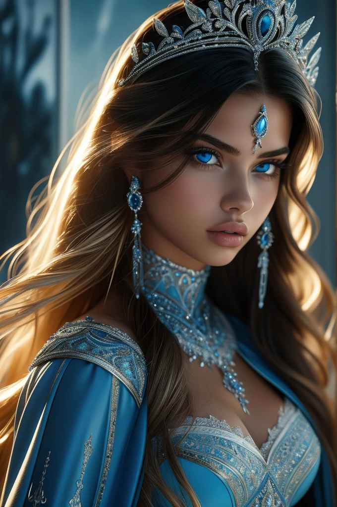16 year old Adriana Lima, ultra detailed face, ultra detailed blue eyes, long blonde hair, (dress), tiara, winter, (((masterpiece)))