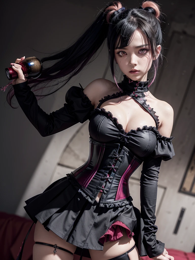  a demon anime girl from Kimetsu no yaiba with black hair with pink tips tied in a ponytail with one red eye with black sclera and the other red-purple (with a black CORSET with wine and a skirt with black gothic sleeves from the sides to the hips) height of 1.50,bust size D 28 with gothic clothing 