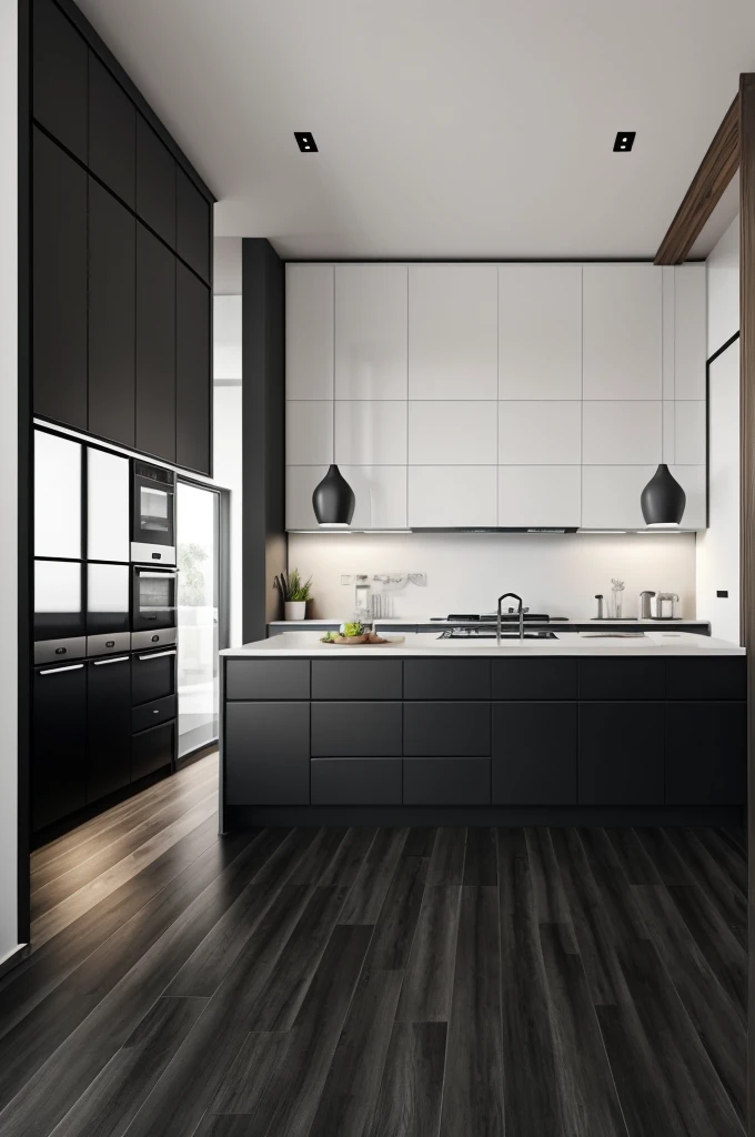 modern kitchen, matte black and wood kitchen island, porcelain flooring 60cmx120cm matte white color.