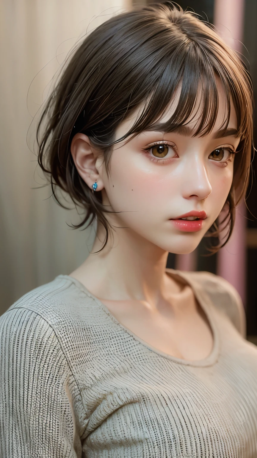 Masterpiece hyperrealist & Photorealistic beautiful girl, Realistic Skin (Pore-filled skin) Short Bob Cut Hair, Realistic red lips,Punk Girl, (head shot:1.5),Shorts