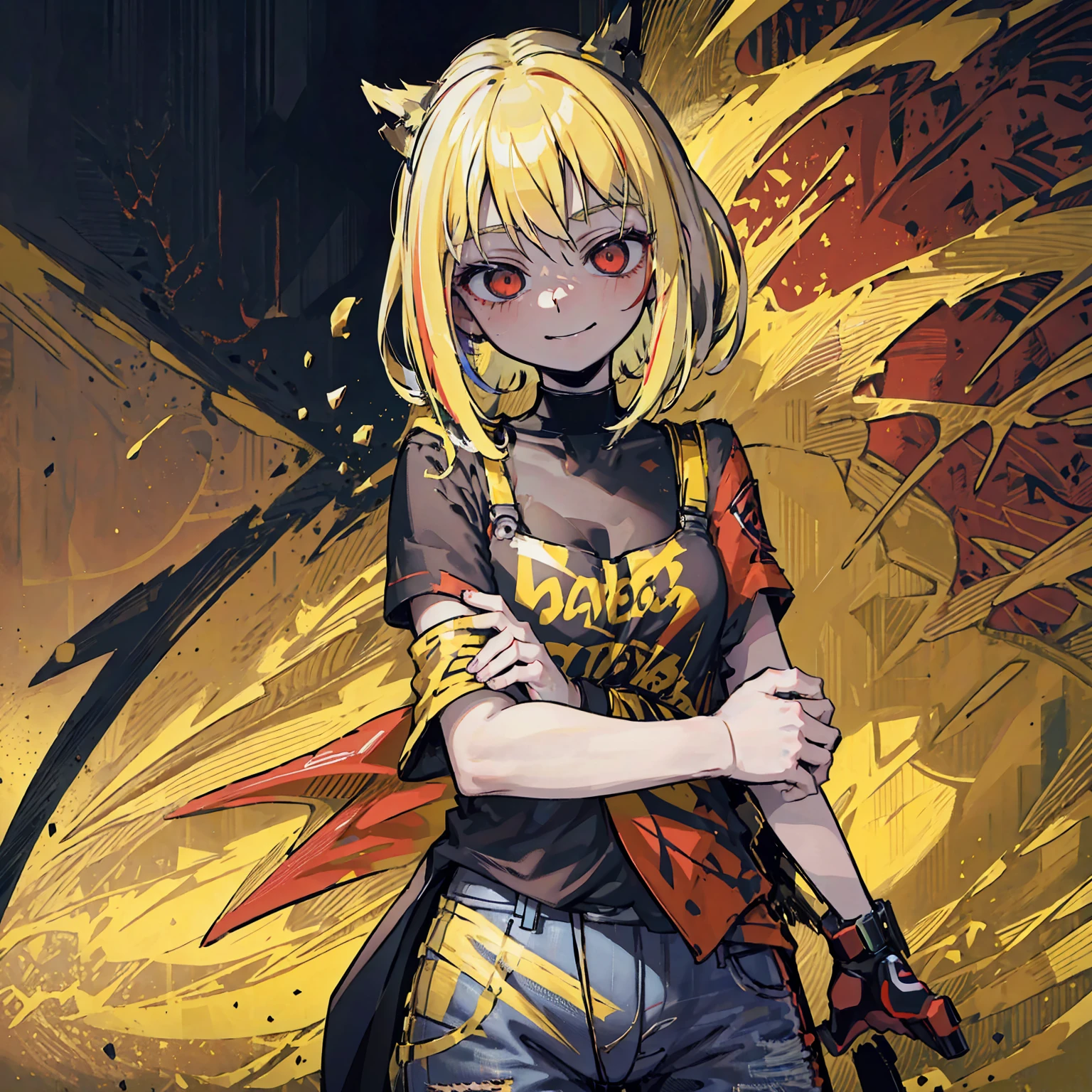 a beautiful anime girl with short blonde hair and red highlights, pointed teeth, macabre smile, wearing a black shirt with a print, jeans, holding a personalized machine gun, in front of a white wall with graffiti, yellow and red green paint splattered on the background, (best quality,4k,8k,highres,masterpiece:1.2),ultra-detailed,intricate details,cinematic lighting,dramatic atmosphere