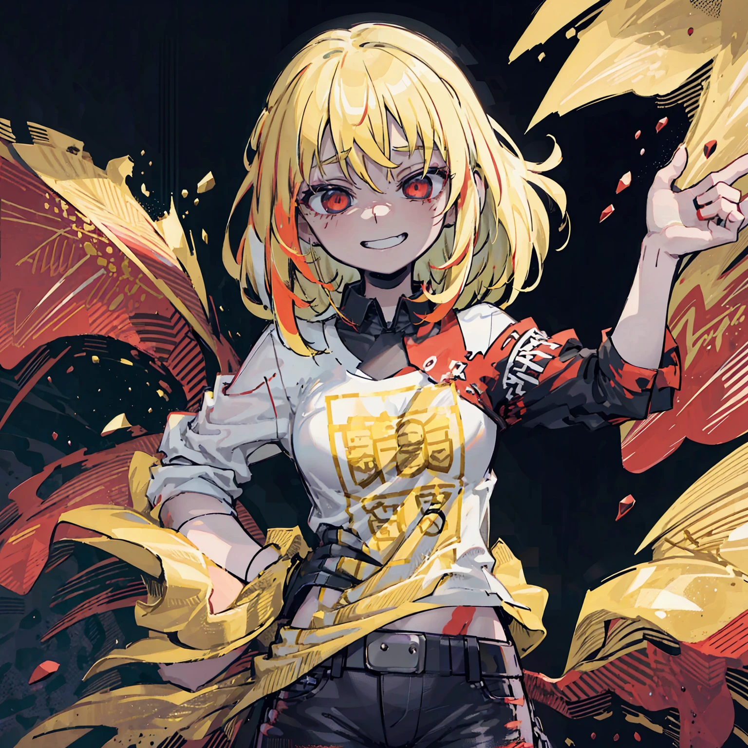 a beautiful anime girl with short blonde hair and red highlights, pointed teeth, macabre smile, wearing a black shirt with a print, jeans, holding a personalized machine gun, in front of a white wall with graffiti, yellow and red green paint splattered on the background, (best quality,4k,8k,highres,masterpiece:1.2),ultra-detailed,intricate details,cinematic lighting,dramatic atmosphere