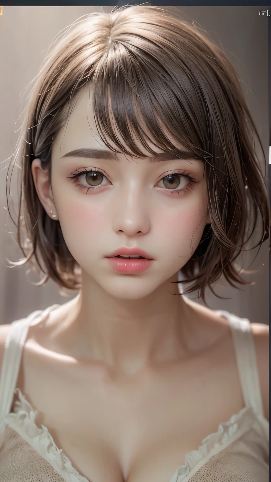 Masterpiece hyperrealist & Photorealistic beautiful girl, Realistic Skin (Pore-filled skin) Short Bob Cut Hair, Realistic red lips,Punk Girl, (head shot:1.5),Shorts