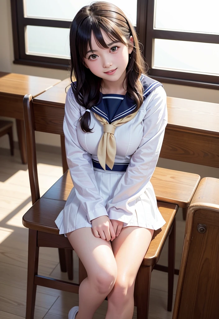 (highest quality,masterpiece:1.3,ultra high resolution),(Super detailed、caustics) (Photoreal:1.4, RAW shooting、)ultra-realistic capture、very detailed、natural skin texture、masterpiece、(junior high school sailor suit:1.3)、1 Japanese girl、adorable expression、expression of happiness、、young face、surprisingly cute、twin tails、curly hair、black hair、Scrunchie、light makeup、Big breasts that are about to burst、Sit on a chair and open your legs to the left and right、Filmed in a junior high  classroom、Shining thighs、summer sunshine、smile、inviting gaze、White panties