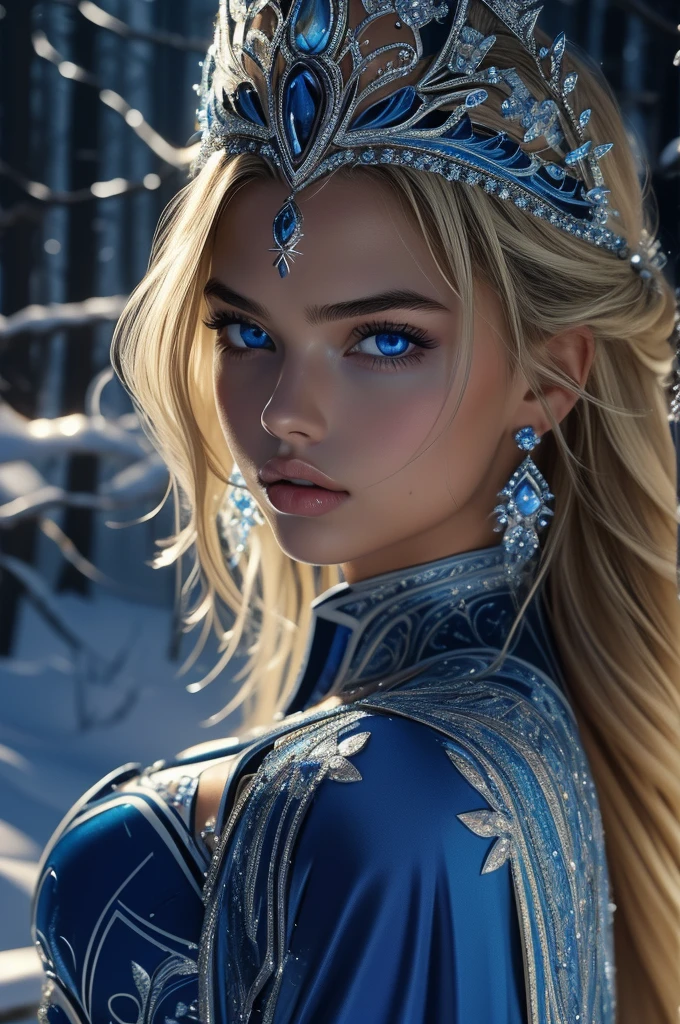 16 year old Adriana Lima, ultra detailed face, ultra detailed blue eyes, long blonde hair, (dress), tiara, winter, (((masterpiece)))