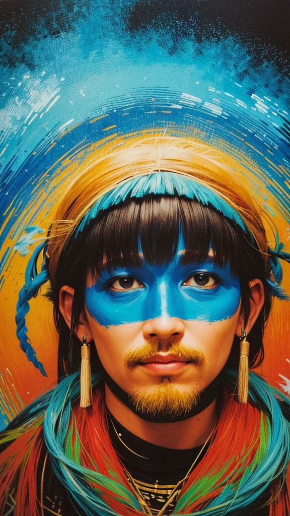 create an abstract composition of indigenous Pataxó with realistic vibrant texture and colors + fusion of alcohol and ink+ tribal+van Gogh artistic style