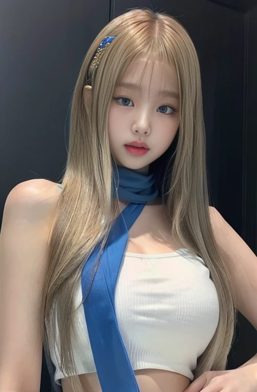 Blonde girl with blue scarf and white top posing for a photo with hazel eyes., roseanne park by blackpink, with long blonde hair, jossi de blackpink, with long white hair, lalisa manobal, heonhwa choe, jaeyeon nam, with long white hair, with long hair, kim taejin, Lalisa Manoban of Blackpink, Sakimichan, tanned skin