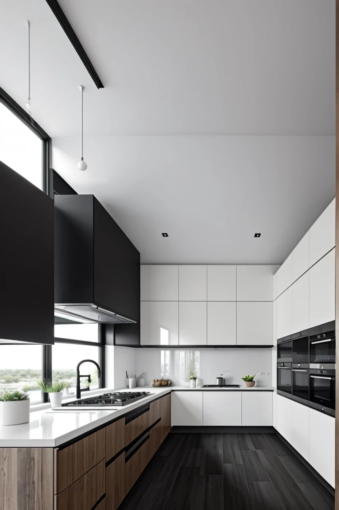 Modern kitchen with matte black and wood kitchen island, porcelain flooring 60cmx120cm matte white color.