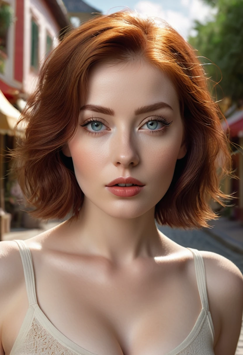 A young woman poses on a quiet street in a resort town. The girl has extremely detailed eyes, beautiful lips, long eyelashes and perfect anatomy. Her fragile body and hands are worked out to the smallest detail, with realistic, photorealistic and the highest quality rendering. The lighting is Rembrandt-esque, creating a dramatic, masterpiece scene. She has a European appearance, with a cute oval face, short red hair and huge breasts. The woman poses in a retro style, looking like a high quality work of photographer David Dubnitsky. Her pale skin shows pores and moles, and she is wearing a tight T-shirt and short shorts. She removes the short shorts and exposes her bare pussy. The scene was shot on a DSLR camera in 8K UHD resolution, with soft lighting and film grain.