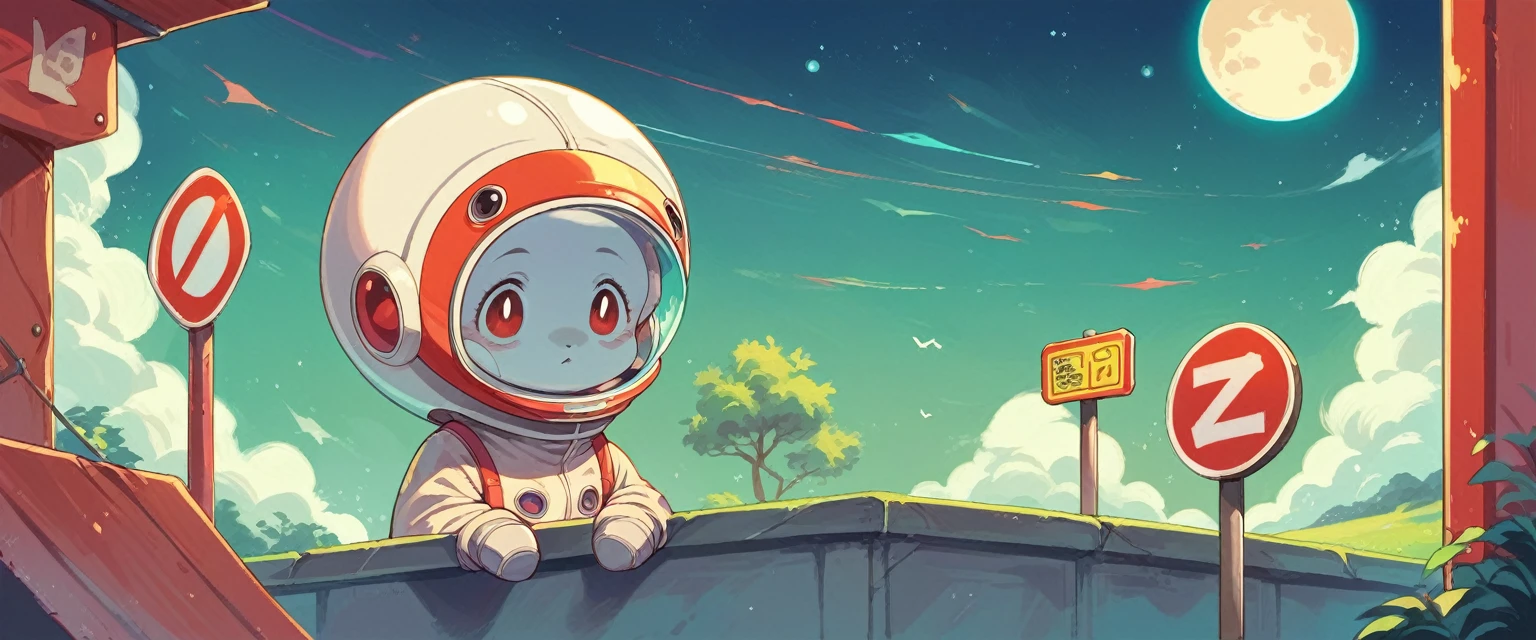 Cute spaceman waiting at moon bus stop, psychedelic, Hayao Miyazaki style, Studio Ghibli style