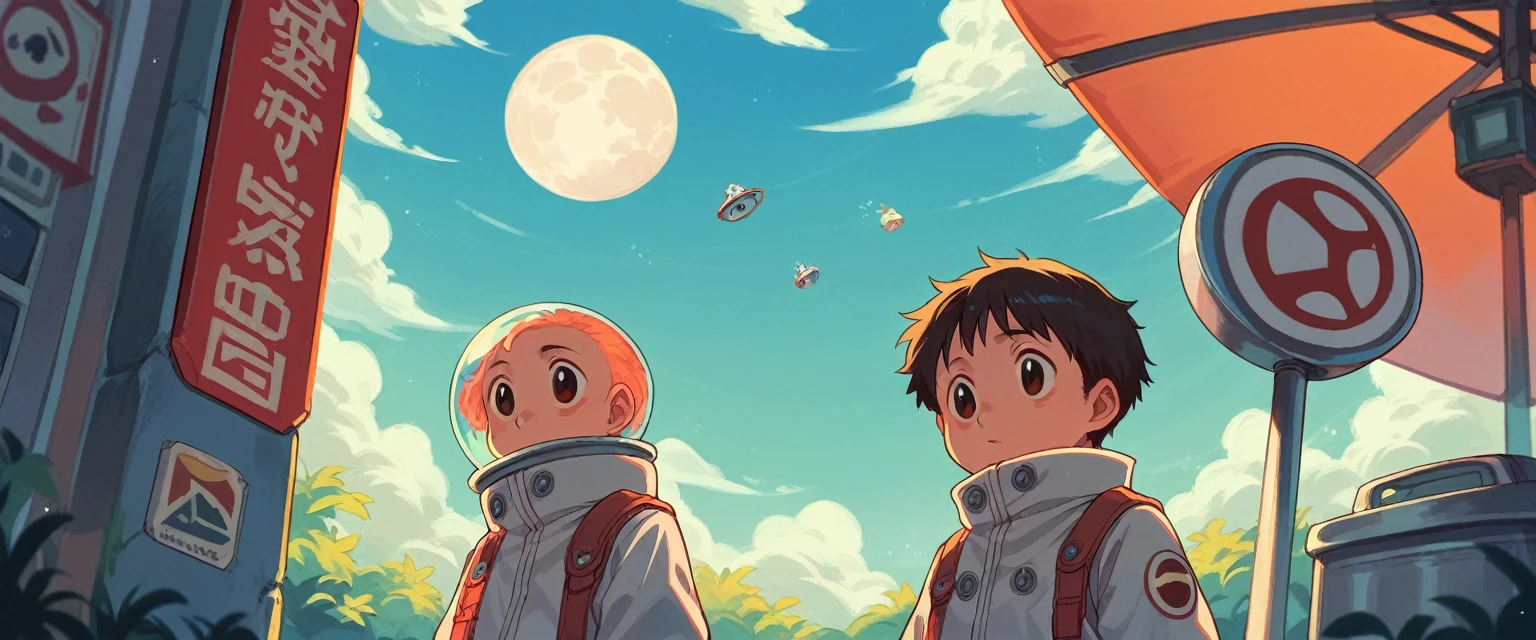 Cute spaceman waiting at moon bus stop, psychedelic, Hayao Miyazaki style, Studio Ghibli style