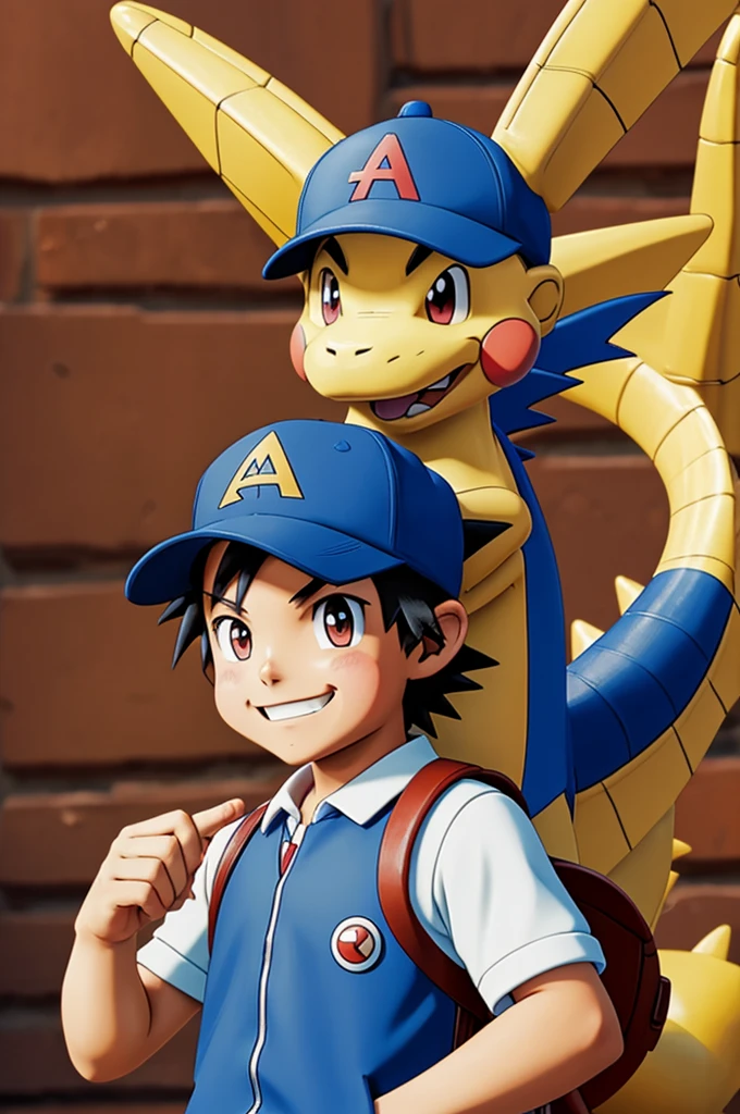 Ash ketchum Feliz y el Pokemon Dragonite asu lado