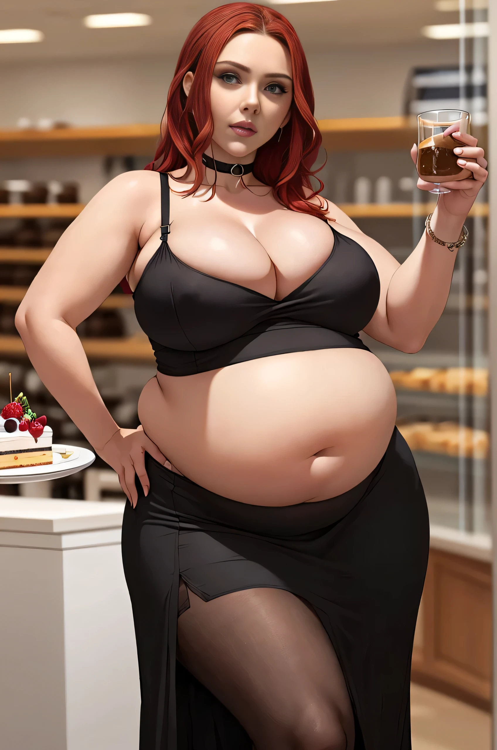 Scarlett Johansson, masterpiece quality, (masterpiece quality:1.3), detailed, realistic, (realistic:1.3), 1girl, solo, (solo:1.9), alone, in a cake shop, lots of cake in background, cake on shelves in background, long raid, red hair, wearing choker collar, wearing fancy black dress, (black dress:1.5), wearing long skirt, (long skirt:1.5), chubby body, chubby belly, (chubby belly:1.5), big breasts, (big breasts:1.5), covered breasts, (covered breasts:1.5), 