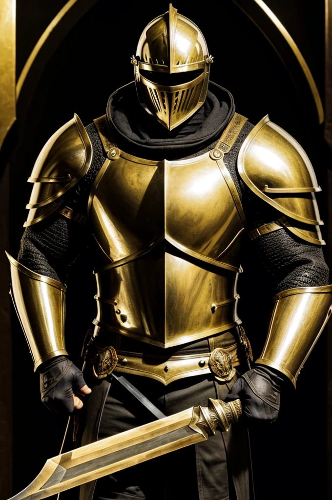 knight,Big muscles,Wearing gold and black armor.,cool,holding a black sword in two hands,black gold background