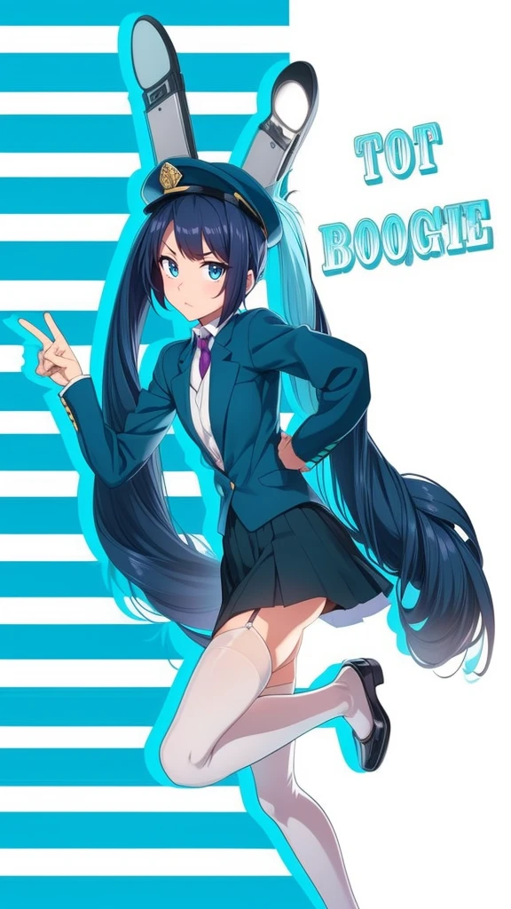 a cartoon character in a sexy suit posing on the street with a bush, police officer, police uniform, 1 girl, police woman, shirt, skirt, hat, tie, police cap, blue eyes, gloves, breasts, purple hair very dark, thighs, solo, navel, garter straps, looking at viewer, short sleeves, large breasts, underwear, miniskirt, midriff, ass visible through thighs, panties, outdoors, indentation, braid, hand in hand hip, belt, black skirt, uniform, collared shirt, frown, thigh highs, peaked cap, crop top, black panties, blue shirt, chest pocket, V-shaped eyebrows, Eiko Tsukimi, blue eyes, purple hair very dark baseball cap