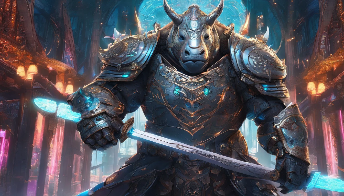 Ancient anime style, artbook, comicbook, RPG, futuristic medieval, steampunk.  A rhino ogre samurai warrior with plasma powers, wearing technological medieval magic armor with glowing magic markings, dynamic pose, full body, human face with glowing magic tribal tattoos with silver tones, ogre features, rhino horn with glowing magic markings , rhino tail, magic black metal skin with glowing carved markings, glowing eyes, using a technological rhino horn magic longsword with glowing magic circuits.  In a metropolis of a magical kingdom with advanced technology, with tall buildings with neon details, mixing technology with magical vegetation, steampunk.  Wide scenery, cinematic scene with several layers of depth, dynamics, magical lighting.