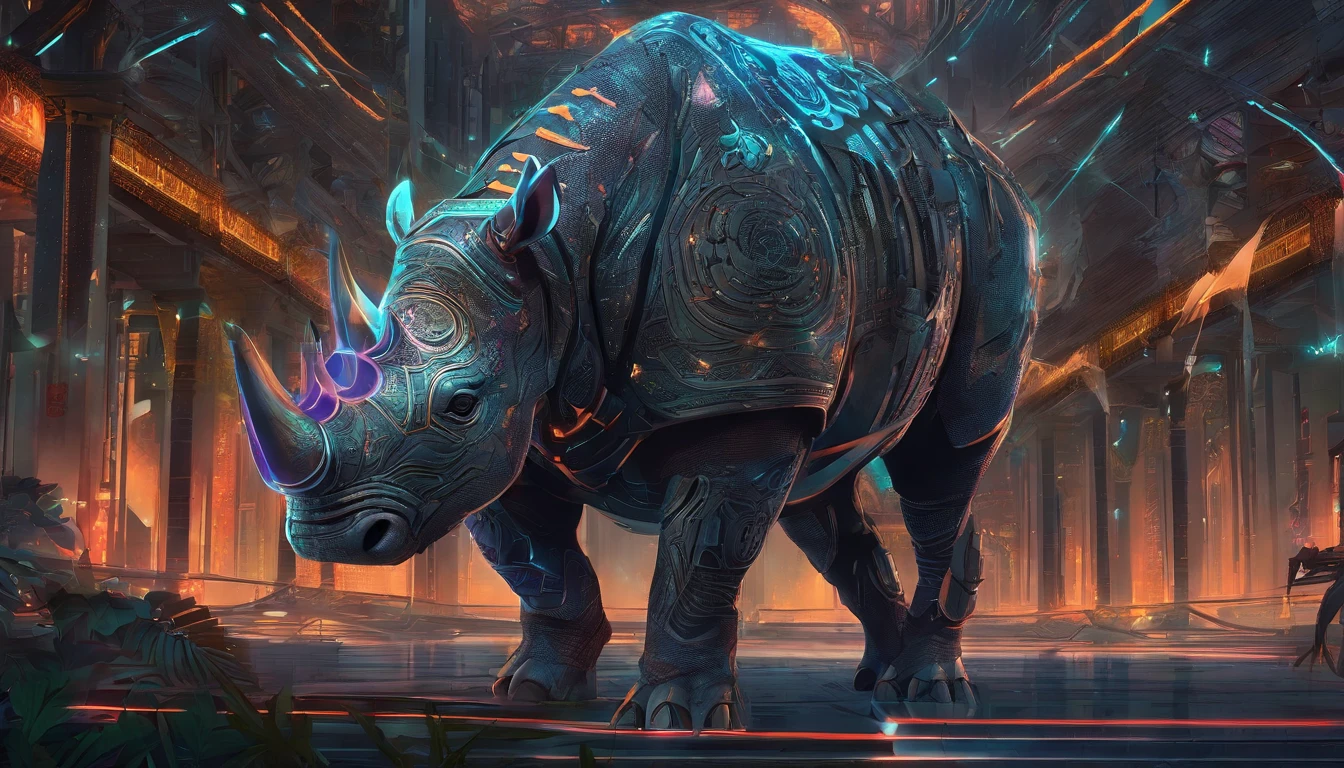 Ancient anime style, artbook, comicbook, RPG, futuristic medieval, steampunk. A rhino ogre samurai warrior with plasma powers, wearing technological medieval magic armor with glowing magic markings, dynamic pose, full body, human face with glowing magic tribal tattoos with silver tones, ogre features, rhino horn with glowing magic markings , rhino tail, magic black metal skin with glowing carved markings, glowing eyes, using a technological rhino horn magic longsword with glowing magic circuits. In a metropolis of a magical kingdom with advanced technology, with tall buildings with neon details, mixing technology with magical vegetation, steampunk. Wide scenery, cinematic scene with several layers of depth, dynamics, magical lighting.
