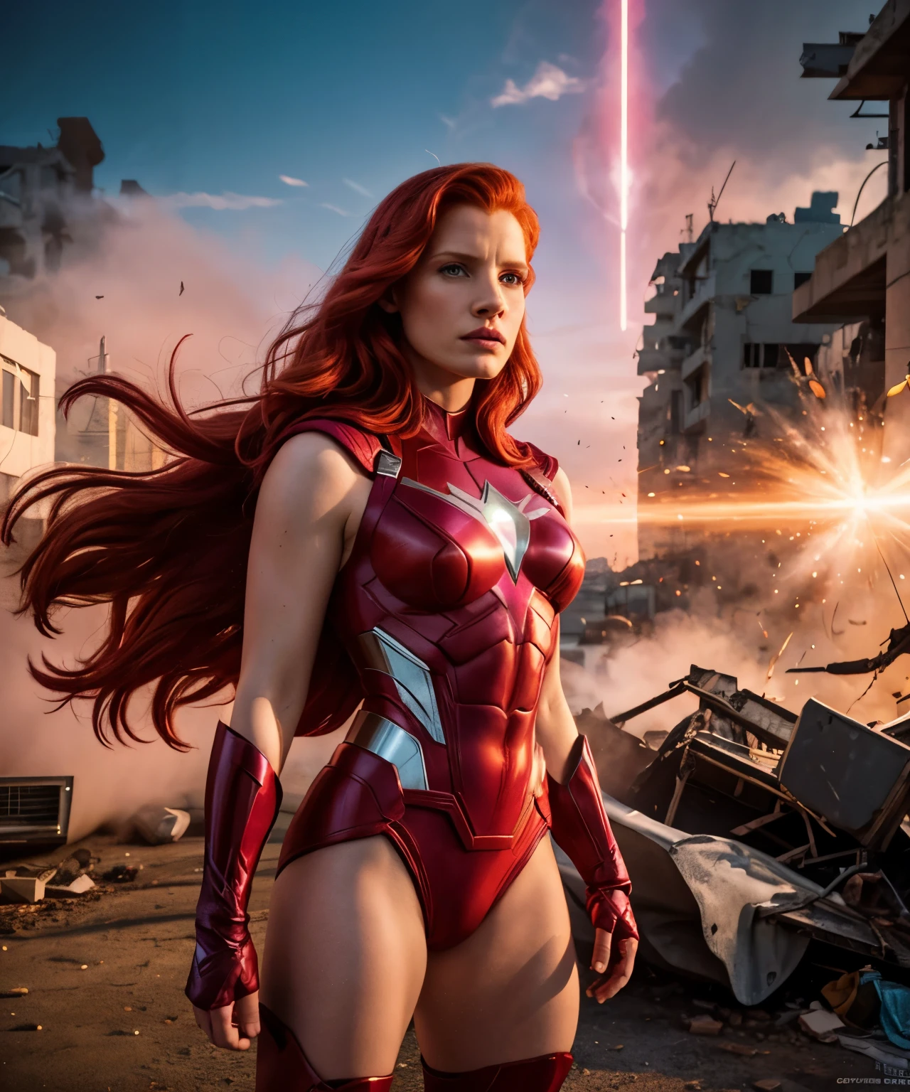 Jessica Chastain in a film cover style photograph, she is the superhero Atomic Eve, with her red hair, using her super powers, her powers are pink, she is redheaded and her hair flows in the wind, she wears a light pink uniform in the background of the destroyed city, pink color, 8k