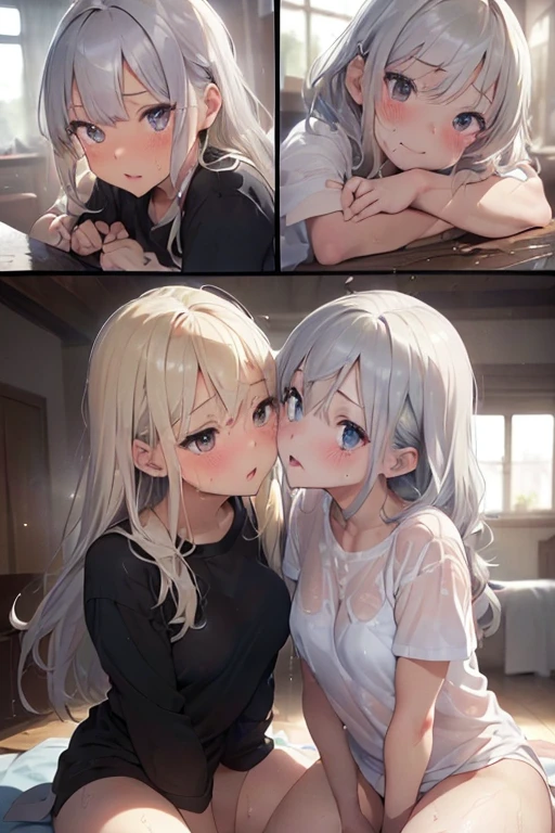 Browsing Caution、(Anatomically correct、masterpiece、Highest quality、Tabletop、Realistic skin feel、Detailed structure)、(((((Two beautiful girls, One has silver hair and white skin.、The other has blonde hair and dark skin.)))))、(((Completely naked)))、(((Lesbian)))、(((Sweat、Body odor、odor)))、(((Detailed vagina)))、(((Love Juice、Squirting)))、(((Put your finger in your vagina)))、((pubic hair))、(((Lesbian play with two people、ディープkiss、Climax)))、(((blush、tears、Feels good、Panting、Drooling)))、(((Spread your legs)))、(((Covered in bodily fluids、soaked、Sticky)))、((kiss))、Standing doggy style