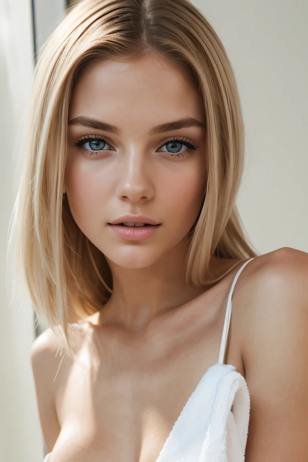 A beautiful young white female model, shoulder-length hair, nude, wrapped in a small white towel, seductive gaze, flirting with the camera, detailed facial features, high quality, photorealistic, natural lighting, warm color tones, soft focus, elegant, glamour, fashion photography