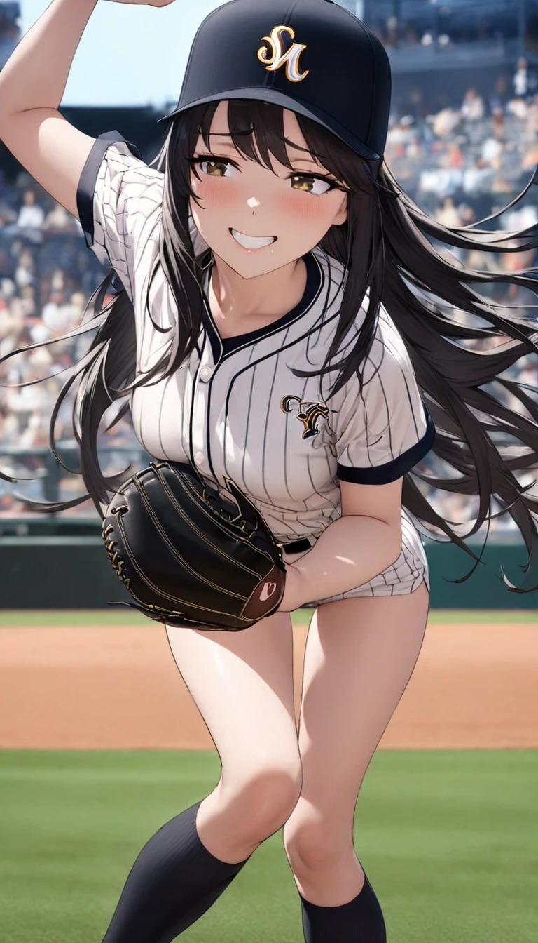 Highest quality, Super quality, 16K, Incredibly absurd, Very detailed, delicate and dynamic, SFW, Natural light, , Diffuse reflection of light, Vortex of Light, baseball Ground,mound, , , ,, Sparkling, Create amazing image effects, cash register, Upper body close-up, (cute sexy girl, , sexy long legs, Baseball pitcher, Sensual expression, fine, Active, smile, First pitch, , nervous, Raise your left foot wide, black long hair, Baseball Uniform, hot pants, knee high socks, Wearing a baseball hat,  )