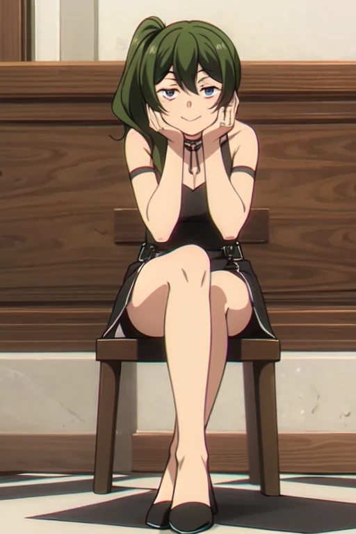 (((Best quality))),((Ultra-detailed)),((illustration)),((Disheveled hair)),((frilld)),(1 girl),(Solo),crossed_legs,foot_focus,from_below,hand_on_own_face,head_rest,looking_at_viewer,sitting,tile_floor,rating:safe,
wedding,wedding_dress,bride,veil,
full body, purple eyes,green hair,Right side ponytail,