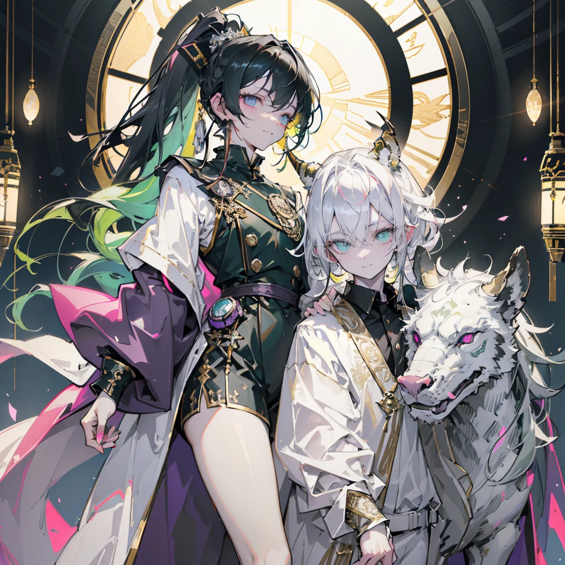 cheerful boy aristocrat open forehead. dark green hair braided in a ponytail on the left side to one side. sinuous black horns wrapped in dark green ribbon. pale green eyes. in short dark green shorts. long white T-shirt. dark green knee-high socks. a white long robe with a hood flutters in the wind. black ancient stone walls of the castle purple light from lamps with gold ornaments, heterochromia, long curly hair, pale skin, I look at the viewer, closed mouth, bright smile, Beautiful, extremely detailed eye, Absolutely amazing art, extremely detailed, Digital art of the highest quality, full length, old piano, ancient walls of a stone castle