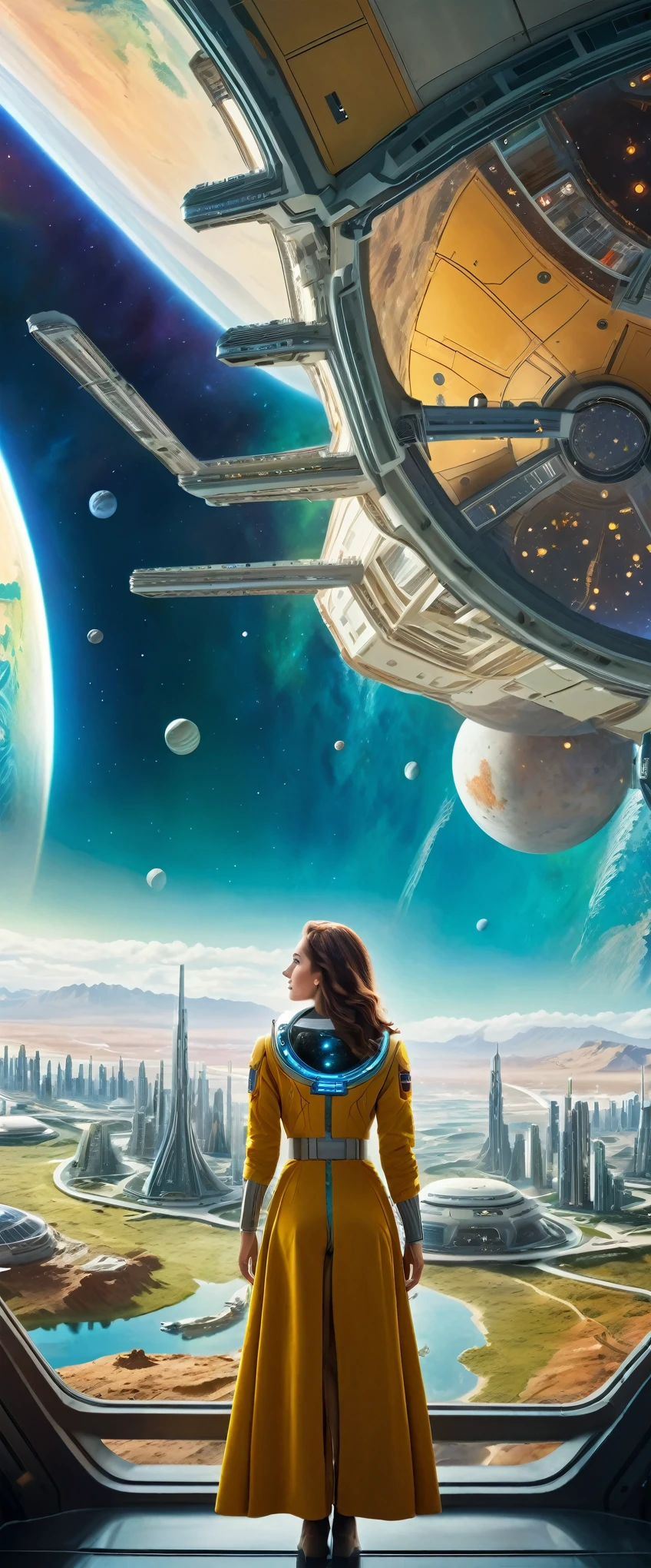 Highest quality,(masterpiece:1.2),Ultra-high resolution,Raw color photography,8K,Vast landscape photography,Realistic photos,Elaborate photos,A woman living in a space colony,(From the back:1.5),(From below:1.2,Woman standing in a space colony,A city spreads out inside the space colony),Written boundary depth,Wide Light,Low contrast,Backlight,Sharp focus,Vibrant colors,Dynamic configuration