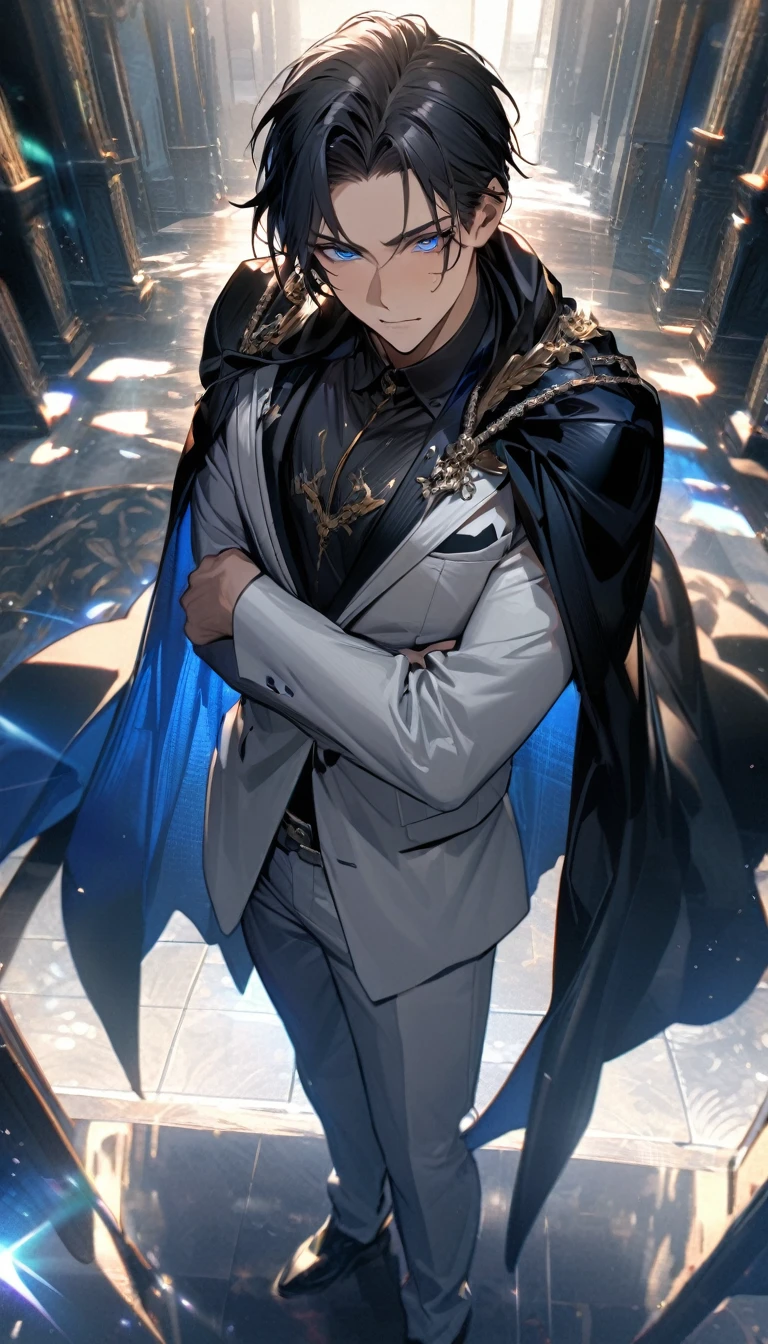 Ultra detailed, HDR, Highres, absurdres, master piece, ((toji fushigur)), expressive blue eyes, black hair, black shirt, black and white suit, sexy man, solo, extremely detailed face and eyes, extremely handsome, glittering, black cape,