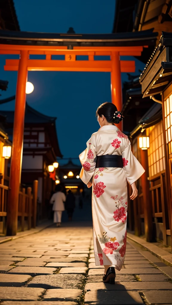 Japanese woman in kimono with back view, walking on a cobblestone night street with ten torii gates in a row and the moon out.